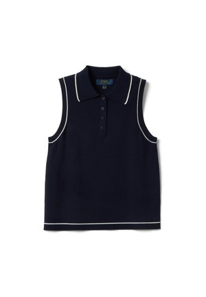 Marineblauw mouwloos poloshirt met witte bies op de kraag, armsgaten en zoom, voorzien van een knoopsluiting met vier knopen.