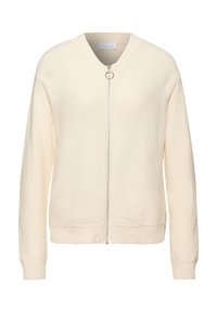 Kremowy, teksturowany sweter zapinany na zamek z okrągłym dekoltem, prążkowanymi mankietami i dołem, z suwakiem z metalowym kółkiem oraz miękkim materiałem.