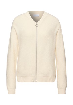 Cremfarbener, strukturierter Reißverschluss-Pullover mit Rundhalsausschnitt, gerippten Bündchen und Saum, ausgestattet mit einem silbernen Ring-Zipper und weichem Stoff.