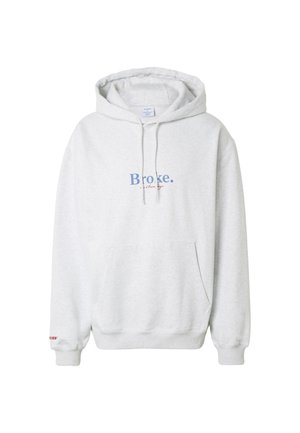 Felpa con cappuccio grigio chiaro con tasca frontale e cordini, con la scritta "Broke." in blu e un testo rosso più piccolo sotto sul petto.