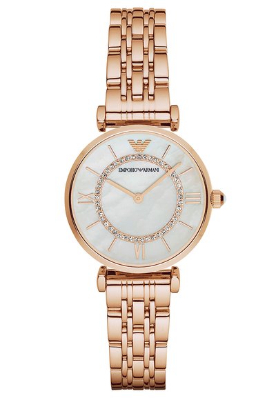 Ceas de mână pentru femei din aur roz, cu cadran din sidef, accente de cristale în jurul cadranului, cifre romane și brățară metalică înlănțuită.