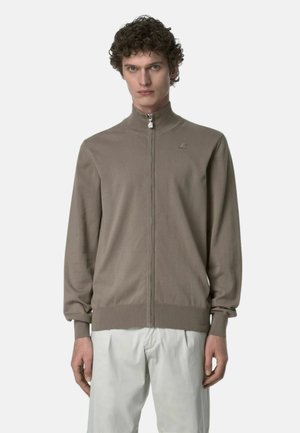 Giovane uomo con capelli ricci che indossa un maglione taupe con zip e collo alto e pantaloni chiari, in piedi davanti a uno sfondo semplice.