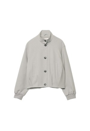 Light gray cropped jacket with stand collar, five front buttons, long sleeves with elastic cuffs, and two vertical front pockets.