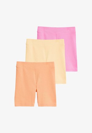 Conjunto de tres pantalones cortos con canalé: melocotón, amarillo y rosa. Presentan una cinturilla elástica y una textura suave. Cada par tiene un diseño simple y de un solo color.