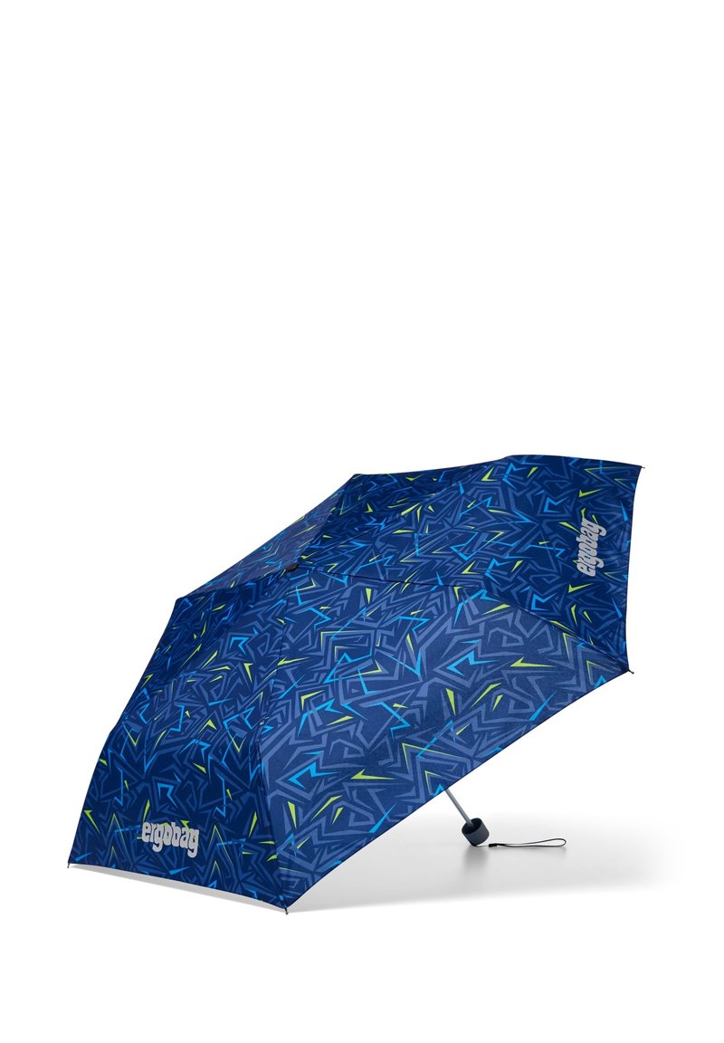 Compact blue umbrella with geometric patterns in green and blue, featuring a sturdy handle and a secure opening mechanism.