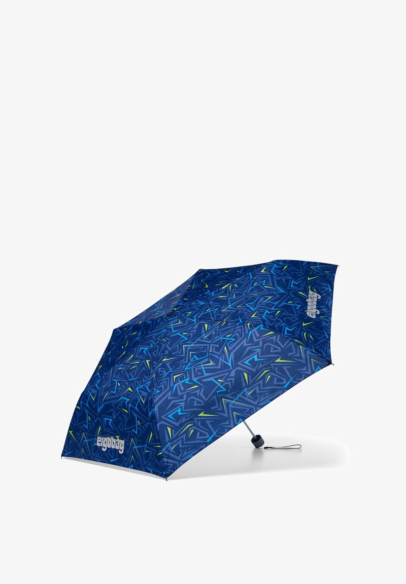 Compact blue umbrella with geometric patterns in green and blue, featuring a sturdy handle and a secure opening mechanism.
