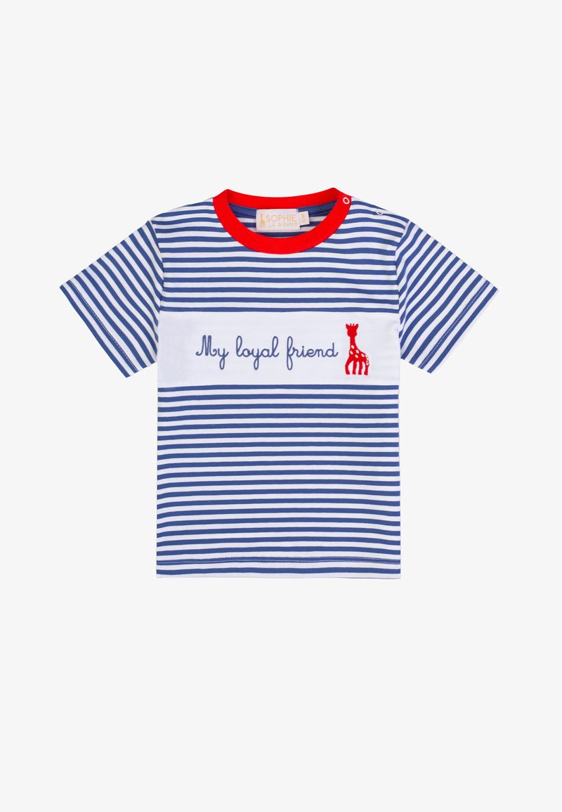 Maglietta a maniche corte per bambino con strisce blu e bianche, colletto rosso, pannello bianco, scritta "Il mio amico fedele" e ricamo di una giraffa rossa sul davanti.