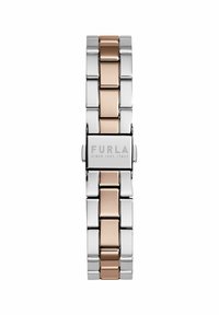 Silver och rosé guld metall armbandsur med rektangulära länkar, ett spänne med ingraverad branding och en polerad yta.