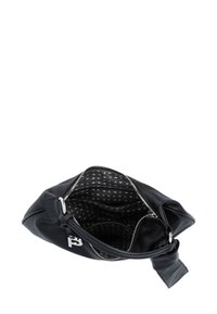 Sac en cuir noir avec fermeture zippée sur le dessus, intérieur spacieux avec doublure à motifs, plusieurs compartiments et détails en métal argenté.