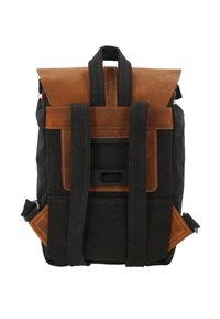 Zaino in tela e pelle di colore nero con dettagli in pelle marrone. Presenta spallacci regolabili, un pattina superiore e una tasca frontale con una fessura.