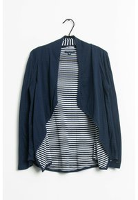Navyblauer offener Cardigan mit langen Ärmeln, der ein Innenfutter in Weiß und Navystreifen hat. Leichter Stoff mit lässiger Passform und abgerundetem Saum.