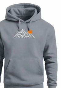 Gray hoodie with a front pocket. Features white mountain and orange sun design. Made of soft material, with a drawstring hood.