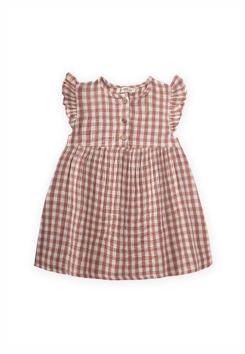 Robe pour tout-petit avec motif à carreaux vichy rose et blanc, manches courtes à volants, encolure ronde et trois boutons en bois sur la poitrine.
