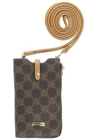 Brown patterned crossbody bag made of textured material, featuring a flap closure, gold hardware, and a detachable tan strap.