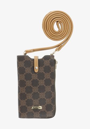 Brown patterned crossbody bag made of textured material, featuring a flap closure, gold hardware, and a detachable tan strap.