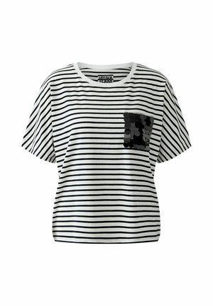 Striped short-sleeve T-shirt in white and black, featuring a black sequin pocket detail. Made from soft fabric with a relaxed fit.