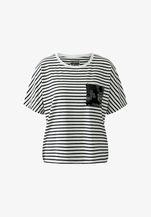 Gestreepte T-shirt met korte mouwen in wit en zwart, met een zwarte sequins zakdetail. Gemaakt van een zachte stof met een relaxte pasvorm.