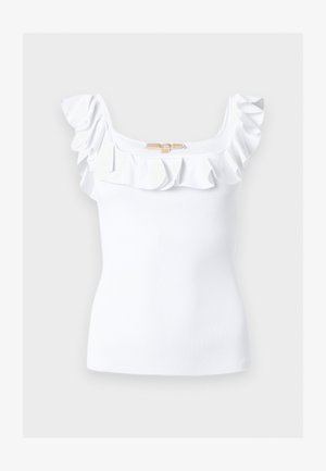 Fehér ujjatlan bordázott felső négyzet alakú nyakkivágással és fodros szegéllyel a vállakon és a mellrészen.