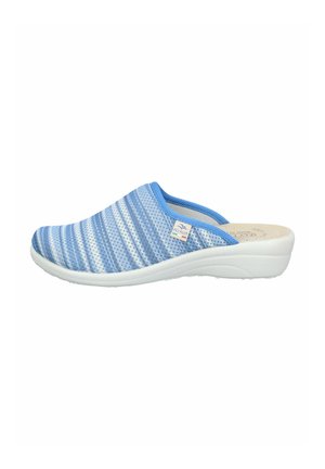 Blue and white striped slip-on clog with white sole and small brand tag on the upper side.