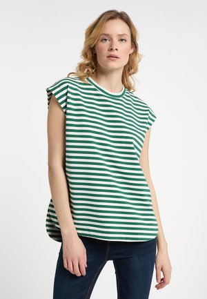Groen en wit gestreept shirt met korte mouwen, een ronde halslijn en iets verlaagde schoudernaden, gemaakt van zachte katoenen stof.