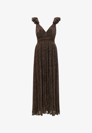 Brown, pleated, floor-length dress with a deep V-neck, ruched shoulder straps, and a fitted waist. Soft, textured fabric with a shimmering finish.