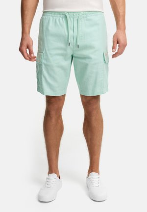 Männliches Modell trägt mintgrüne Cargo-Shorts mit Kordelzug und Klappentaschen sowie weiße Sneakers, steht vor weißem Hintergrund.