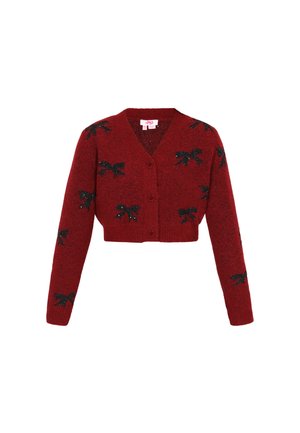 Rød cropped cardigan med V-hals, lange ærmer og glitrende sorte sløjfemønstre. Fremstillet af et struktureret strikket stof med knaplukning foran.