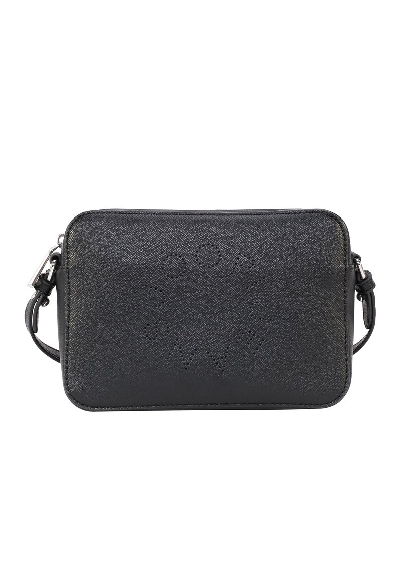 Borsa a tracolla nera in pelle con superficie testurizzata, forma rettangolare e dettaglio del logo perforato sul fronte, con tracolla regolabile attaccata.