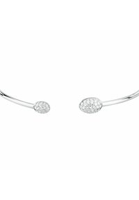 Bracciale in argento con due estremità ovali caratterizzato da scintillanti gemme trasparenti, superficie metallica liscia e un design elegante e minimale.