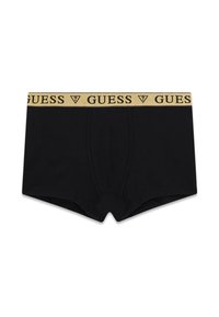 Czarne bawełniane bokserki z żółtą elastyczną gumą w pasie, na której znajduje się czarne logo 'GUESS'. Standardowy zamek z przodu, dopasowany krój.