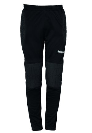Schwarze Sporthose mit gepolsterten Knie- und Seitenpaneelen, elastischem Bund und weißem "uhlsport"-Logo auf dem oberen rechten Oberschenkel.