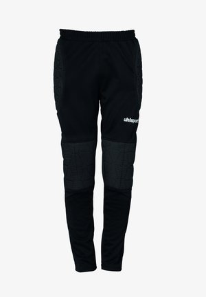 Pantaloni sportivi neri con imbottitura su ginocchia e pannelli laterali, vita elastica e logo bianco "uhlsport" sulla parte superiore della coscia destra.
