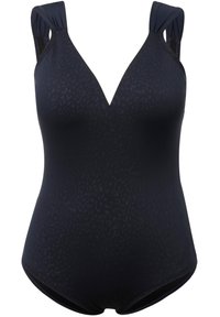 Maillot de bain une pièce noir avec un décolleté en V plongeant, présentant un motif léopard subtil, des bretelles larges et une texture lisse.