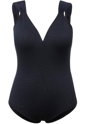 Sort étøj med lav V-udskæring, der har et subtilt leopardmønstret design, brede stropper og en glat tekstur.