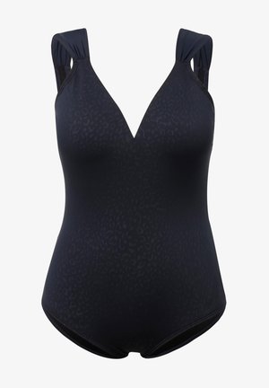 Schwarzer Einteiler mit tiefem V-Ausschnitt, der ein dezentes Leopardenmuster aufweist, breite Träger hat und eine glatte Textur bietet.