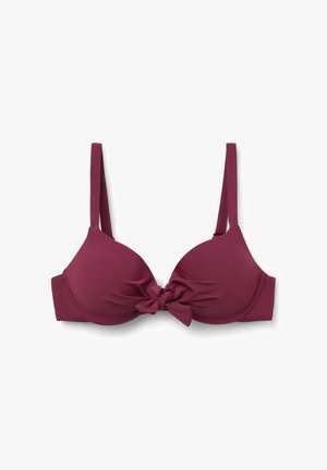 Maroon bra with a knot detail at the center, smooth fabric, underwire support, and thin adjustable straps. No patterns or hardware visible.