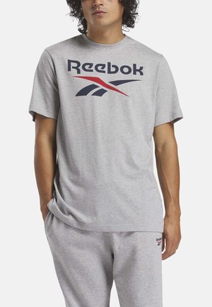 T-shirt en coton gris avec un grand logo Reebok en bleu marine et rouge. Manches courtes et col rond. Texture douce, coupe décontractée.