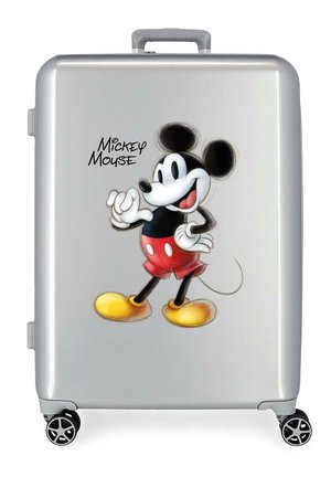 Maleta rígida plateada con cuatro ruedas, con una colorida ilustración de Mickey Mouse y el texto "Mickey Mouse" en la parte frontal.