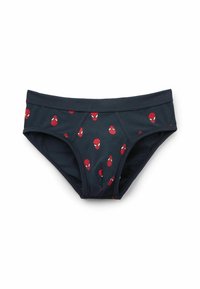 Marineblaue Baumwollunterhose mit durchgehendem roten Spider-Man-Gesichtsmuster, ausgestattet mit einem elastischen Bund und einer glatten Textur.