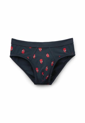 Marineblaue Baumwollunterhose mit durchgehendem roten Spider-Man-Gesichtsmuster, ausgestattet mit einem elastischen Bund und einer glatten Textur.