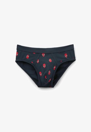 Bóxer de algodón azul marino con un patrón de caras de Spider-Man en rojo, que cuenta con una cinturilla elástica y una textura suave.