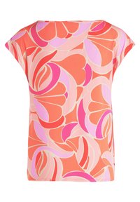 T-shirt à manches courtes présentant un motif floral dans des teintes d'orange, de rose et de rose clair. Fabriqué en matériau lisse et léger.