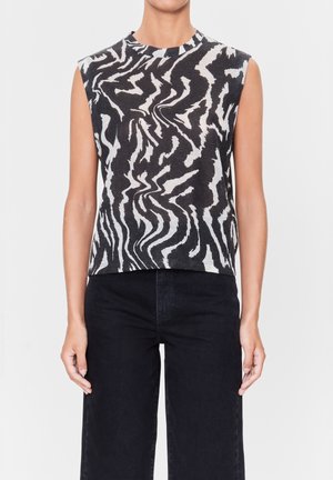 Czarny i biały bezrękawnik z wirującym, abstrakcyjnym wzorem, wykonany z lekkiego materiału, z okrągłym dekoltem i luźnym krojem.