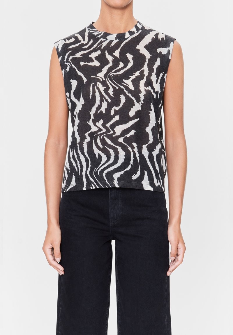Top sans manches noir et blanc avec un motif abstrait tourbillonnant, fabriqué en tissu léger, avec un col rond et une coupe relaxée.