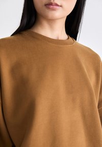 Felpa marrone con una texture morbida, scollatura rotonda e spalle basse. Il tessuto sembra accogliente, con una finitura liscia e uniforme.