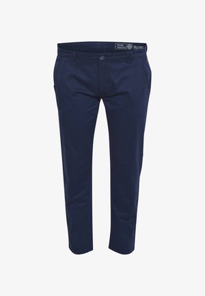 Mørkeblå chinos lavet af bomuld, med slim fit, forlommer og en knaplukning med en taljeetiket.