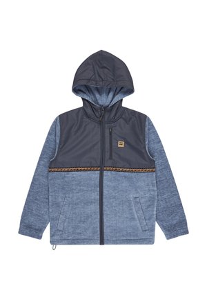 Blue and dark gray hooded jacket with front zipper, chest zip pocket, side pockets, and decorative horizontal stripe across the chest.