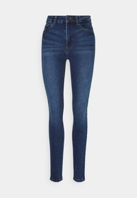 Mörk tvättade jeans med hög midja, slim-fit design, tillverkade av denimtyg. Har ton-i-ton sömmar och standard femfickdesign.
