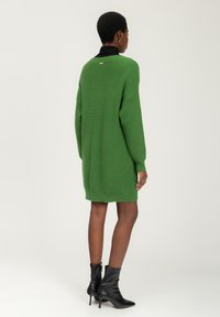 Abito in maglia verde con maniche lunghe, texture a coste, vestibilità comoda, fessure laterali e un piccolo accento dorato sulla schiena. Indossato con stivaletti neri alla caviglia.