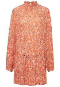 Robe orange à manches longues avec un petit imprimé floral blanc et noir, un col montant froncé et des détails de taille froncés.